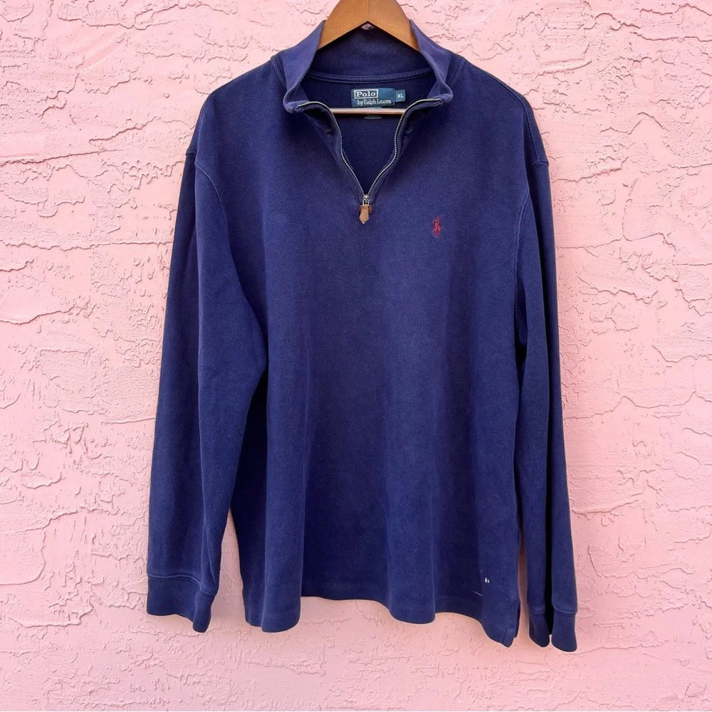 Vintage Polo Ralph Lauren Ribbed 1/4 Zip Navy Blue Cotton Adult Size XL Flaw